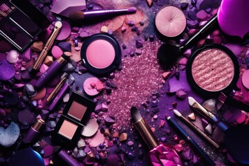 Wall Mural - A variety of makeup products on a purple background. Generative AI image.