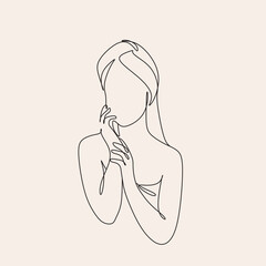 Woman in a towel line drawing. Line art bathroom print. Minimal sexy woman portrait. Spa salon illustration. Self-care concept. Morning routine. Bath time. Abstract Minimal female art