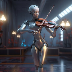 robot female humanoid playing violin