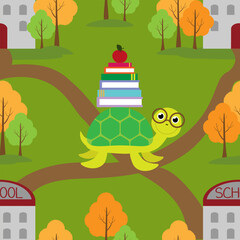 Vector seamless pattern with turtle with books go to school in autumn in cartoon style. Back to school pattern