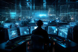 Fototapeta  - man in a control room cybersecurity concept - generative AI