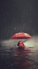 Canvas Print - A tiny cute unknown creature holding an umbrella in the rain. Generative AI image.