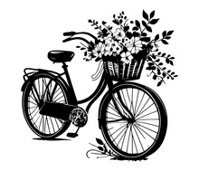 Romantic Bike With Spring Flowers. Retro Bike Carrying Basket, With Flowers And Plants.