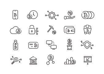 Bitcoin, blockchain and cryptocurrency line icons. Bitcoin mining, calculator, encryption, dollar, wallet cryptocurrency growth. Vector illustration