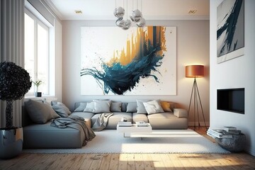 Wall Mural - Modern bright interior of the apartment with a large sofa. Illustration of the living room