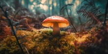 A Mushroom Sitting On Top Of A Moss Covered Forest. Generative AI Image.
