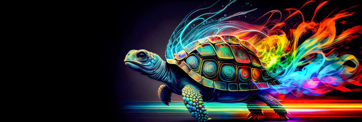 artwork illustration of colorful sea turtle isolated on black background. Generative AI