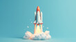 A rocket launching in blue background. 3d render illustration. Generative AI