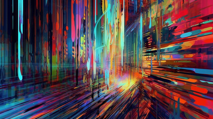 Wall Mural - Cyberpunk colorful neon rain on a black background Retro illustration of glowing stripes diagonal and straight gradations sci-fi art, generative AI