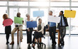 © Tamani C/peopleimages.com - Business people, speech bubble and group with diversity, teamwork or social media for opinion on sign, Men, women and poster for social media, vote or review with ideas, smile and mock up in office