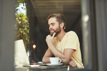 Coffee shop laptop, man and thinking of project idea, research report or customer experience insight. Remote work, problem solving and person contemplating hospitality review in restaurant store
