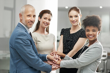 Wall Mural - Happy business people, team and portrait with hands together in agreement or trust at the office. Group piling hand for teamwork, motivation or support in solidarity for company goals at workplace