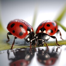 Couple Of Red Tiny Ladybugs On Fragile Leaves Looking At Each Other Kissing Or Drinking Water. Concept Of Love Mood, Relationship, And Friendship.