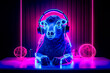 © ADDICTIVE STOCK - Creative Generative AI illustration of goat with bright neon illumination listening to music in headphones in dark nightclub