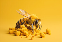 Generative AI Colorful Illustration Of A Fluffy, Fluffy Bee With Transparent Wings Collecting Flower Pollen Against A Bright Yellow Background