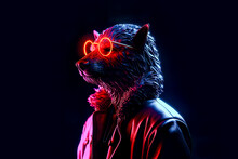 Generative AI Illustration With Side View Of Futuristic Hairy Dog In Trendy Leather Jacket And Glowing Orange Neon Glasses Standing In Dark Room