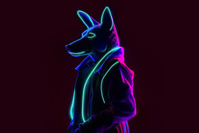 Generative AI Illustration Of Dog In Green Neon Light Of Futuristic In Cozy Trendy Outfit Looking Away While Standing Against Black Background