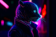 Generative AI Illustration Portrait Of Futuristic Black Jaguar In Cozy Jacket Looking Away While Standing On Purple And Red Neon Lights