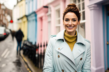 Generative AI Image Of Positive Young Female In Trench Coat Smiling And Looking At Camera In Daylight While Standing On City Street And Passing Time