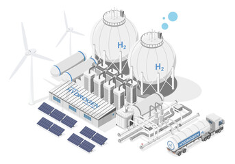 Green hydrogen simple power plant concept with solar cell and wind turbine energy for h2 semi truck transporter ecology powerhouse electricity isometric vector isolated