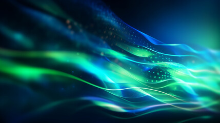 Wall Mural - abstract futuristic background with green blue glowing neon moving high speed wave lines and bokeh l