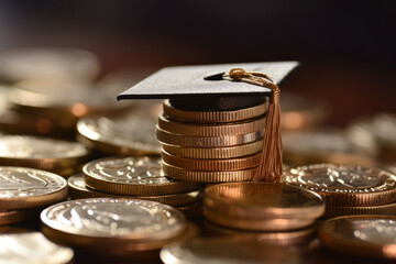 Cost of higher education. Graduation cap on a stack of coins. Generative ai
