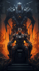 futuristic black ninja suit sitting on the throne of robots 