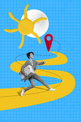 Wall Mural - Vertical collage picture of cheerful black white gamma girl hold suitcase walk path destination mark plasticine sun isolated on blue background