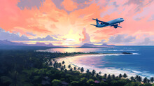 Illustration Of An Airplane Flying To The Island Of Hawaii, USA