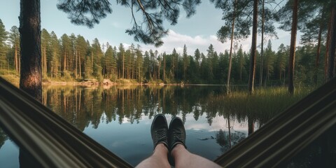 Wall Mural - Mans feet are seen close-up from a hammock in a summer forest, on a blurred background of pines and a lake, concept of Relaxation, created with Generative AI technology