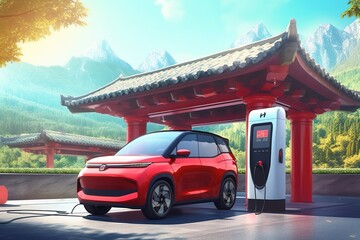 Wall Mural - small electric car mini EV style charging at station in the city or countryside