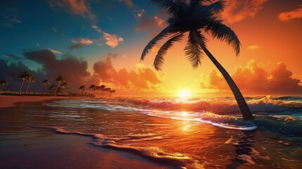 Wall Mural - Painting of Beautiful colorful sunset on tropical ocean beach with coconut palm trees silhouettes, Generative AI