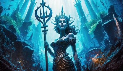 Illustration of close up a statue of the Greek goddess with a shield and a trident, stands in an underwater city surrounded by fish and corals. ai generative