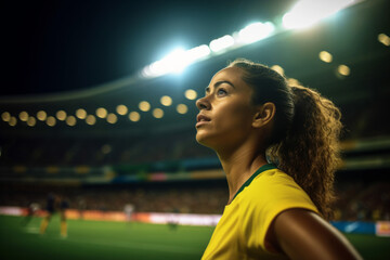 Beautiful female Brazilian soccer player looking away while standing in stadium. Ai generated.