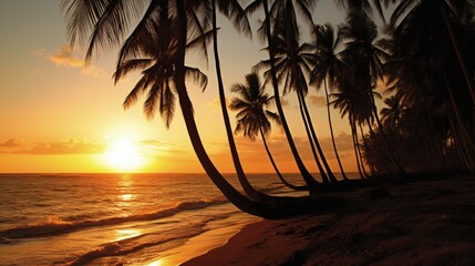 Wall Mural - Silhouette coconut palm trees on beach at sunset, Generative AI