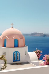 Pastel colored church somewehere in Greece or Italy. Santorini or Mykonos. Christian sign. Generated AI.