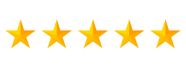 Wall Mural -  Five golden stars with a 3D effect on a transparent background – Design of five stars that can represent a rating or classification