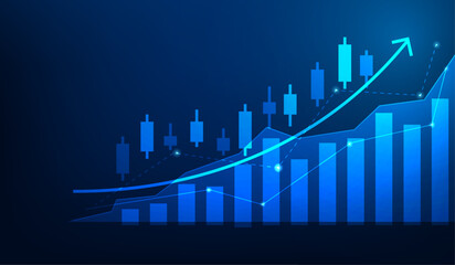 Wall Mural - Business candlestick chart stock market up on blue dackground. investment graph increase growth. profit and finance diagram arrow up. vector illustration fantastic hi tech design.