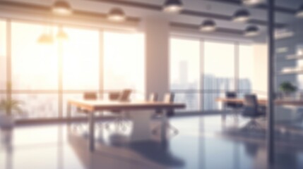 Beautiful blurred background of a light modern office interior with panoramic windows and beautiful lighting