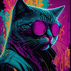 Wall Mural - Illustration of a colorful cat with glasses. National Adopt a Cat Month. Generative AI	