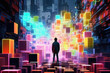 © Lazy_Bear - Person walking in digital world. Human silhouette lost in futuristic cyberspace made of colorful cubes. Digital addiction. Created with Generative AI