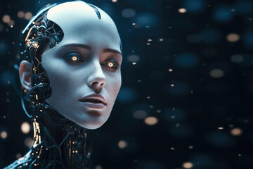 Wall Mural - female android face on dark background. artificial intelligence concept. futuristic robot head with 