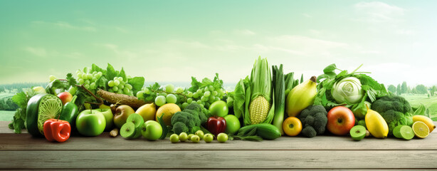 Wall Mural - Fresh fruits and vegetables on a wooden table with beautiful sky.