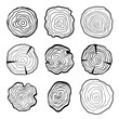 Tree rings vector icons set. Black silhouette of tree trunk cut on white background.