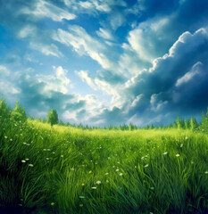 Wall Mural - A field of grass, bright blue sky and clouds. Generative Ai Illustration.