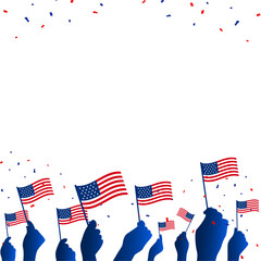 Wall Mural - Vector illustration of patriotic human hands Holding Up American Flags with confetti. Poster, banner, greeting card template.

