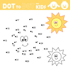 Dot to dot games for kids. Sun. Connect the numbers and drawing sun. Coloring page. Book. Puzzle activity worksheet. Sketch vector illustration