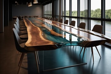 Empty modern meeting room with a long river table and chairs - Generative AI