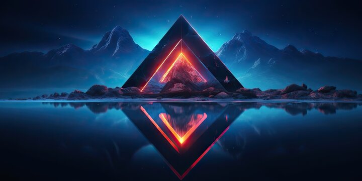 AI Generated. AI Generative.  3d render abstract neon background with triangular geometric frame mountaines landscape. Graphic Art