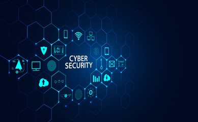 Wall Mural - Cyber security concept, padlock and icons on hexagonal grid, blue background, beautiful, futuristic